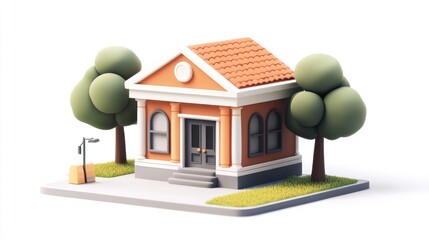 Poster - A stylized building with a tiled roof, surrounded by trees and a sidewalk.