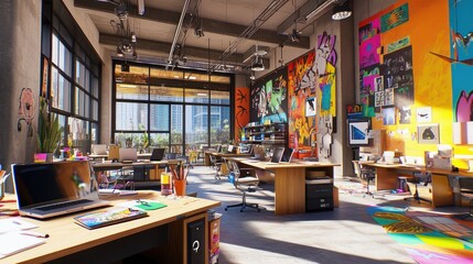 Aufkleber - A vibrant office space with colorful walls and modern furniture for creative work.