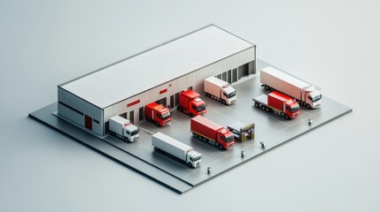 Poster - A miniature warehouse scene with delivery trucks and loading area.