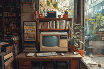 Poster - Retrospective exploration of early computer security practices vintage workspace digital art cozy environment nostalgic perspective