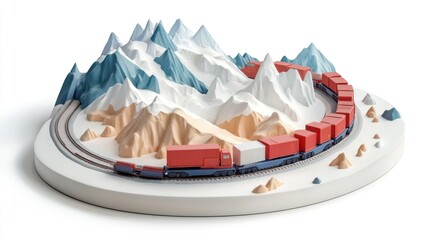 Poster - A stylized model of a train winding through mountains with colorful cargo containers.