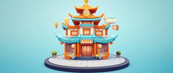 Poster - A colorful, stylized building with traditional architecture elements and decorative features.