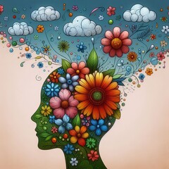 Poster - Flowers Flowers bloom from a person's head their petals forming