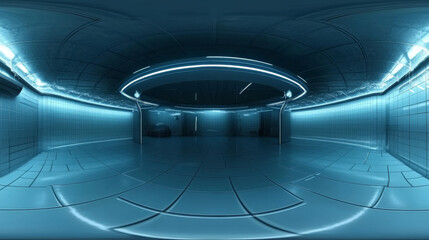 Poster - 360 degree panorama view.A blue, retro-futuristic room with tiled walls is shown in a 3D image.  The bright lighting creates a full panoramic view.
