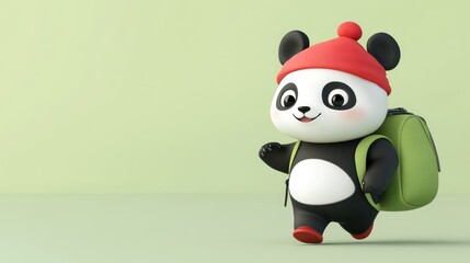 Aufkleber - A cute panda character wearing a red hat and carrying a green backpack is happily running.