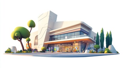 Poster - A modern building with a stylish design, featuring large windows and landscaped surroundings.