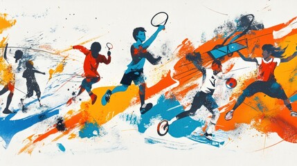 Aufkleber - Dynamic illustration of athletes engaged in various racket sports, showcasing movement and energy.