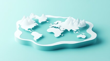 Poster - 3D representation of a world map with mountains on a turquoise background.