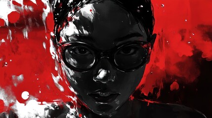 Poster - A striking portrait of a woman with glasses, set against a bold red and black backdrop.