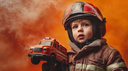Poster - A young child dressed as a firefighter holds a toy truck against a dramatic smoky background.