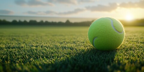 Aufkleber - A vibrant green tennis ball rests on a grassy field during sunset.