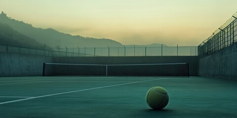 Poster - A tennis ball rests on a court at dusk, surrounded by a serene landscape.