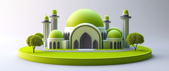 Poster - A stylized green mosque with domes and minarets set in a minimalist landscape.