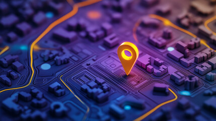 Poster - A map shows a city with a store marked by a yellow pin.  The map's background is purple.