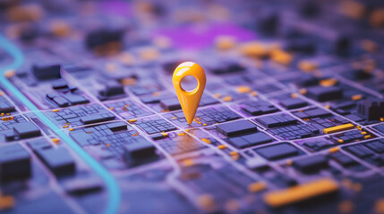 Poster - A map shows a city with a store marked by a yellow pin.  The map's background is purple.