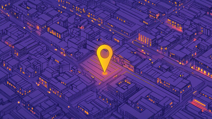 Poster - A map shows a city with a store marked by a yellow pin.  The map's background is purple.