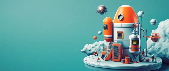 Poster - A colorful rocket station amidst clouds and planets, representing space exploration.