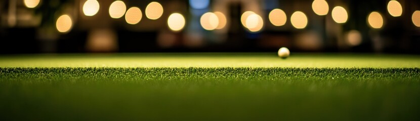 Poster - A close-up of a golf ball on green turf with blurred lights in the background.