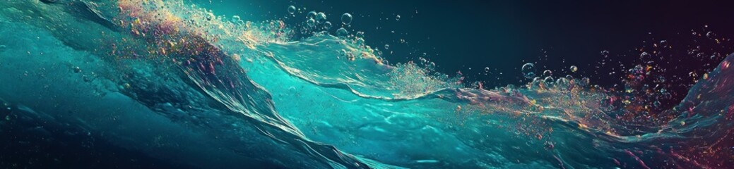 Poster - A vibrant depiction of ocean waves with sparkling water droplets and dynamic movement.
