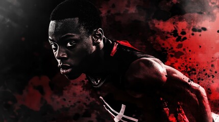 Aufkleber - A dynamic athlete in motion, captured against a dramatic, splattered background.