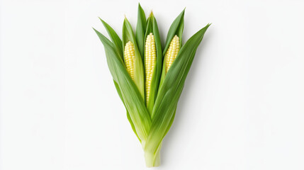 Wall Mural - Fresh corn with bright yellow kernels surrounded by green leaves, showcasing its natural beauty and freshness. Perfect for culinary use or decoration