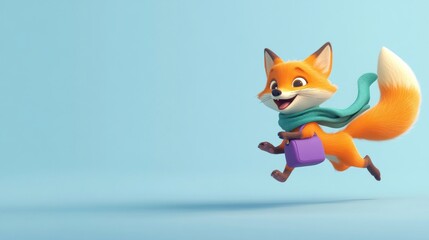 Aufkleber - A cheerful cartoon fox running with a bag and wearing a scarf against a light blue background.
