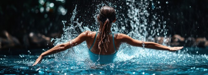 Poster - A woman swimming gracefully in a pool, creating splashes of water around her.