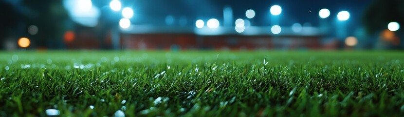 Poster - A close-up view of a grassy field illuminated by lights, suggesting a sports setting.