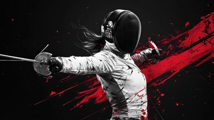 Aufkleber - A dynamic fencer in action, showcasing athleticism with a dramatic splash of red.