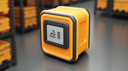 Poster - A stylized yellow storage box with a control panel, suggesting a tech or industrial purpose.