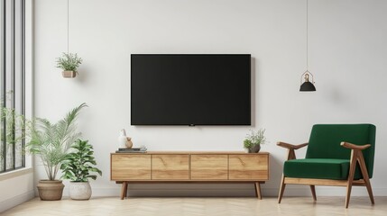 Wall Mural - Minimalist living room interior with a blank screen TV, a wooden cabinet, a green velvet armchair, and potted plants.