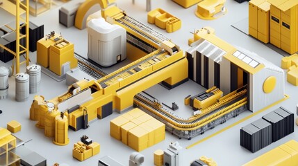 Fototapete - A vibrant industrial layout featuring yellow structures and transportation elements.
