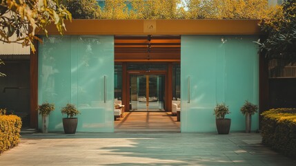 Aufkleber - Modern entrance with glass doors leading to a stylish interior space surrounded by greenery.