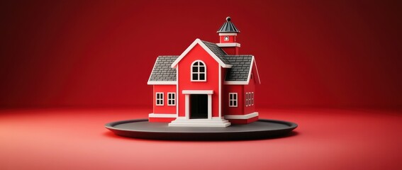 Poster - A miniature red house on a tray against a red background, symbolizing home or education.