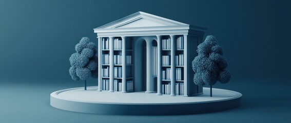 Poster - A stylized library structure with bookshelves and trees in a serene blue environment.