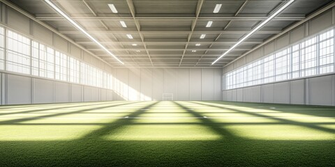 Poster - An indoor sports facility with natural light and a green turf field.