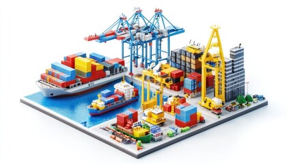 Poster - A vibrant port scene featuring cargo ships, containers, cranes, and a bustling dockyard.