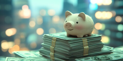 Poster - A piggy bank sits atop stacks of cash, symbolizing saving and financial management.