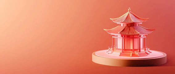 Poster - A stylized pink pagoda model with a gradient background, representing cultural architecture.