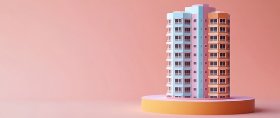 Poster - A colorful, stylized building model on a pastel background, showcasing modern architecture.