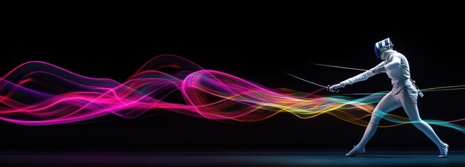 Aufkleber - A dynamic image of a fencer in action, surrounded by colorful light trails.