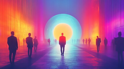 abstract human silhouette of diverse business people standing visualization vibrant color coding dynamic infographic style, data driven market segmentation