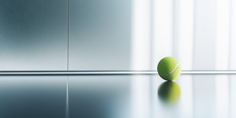 Wall Mural - A solitary tennis ball on a reflective surface with a modern background.