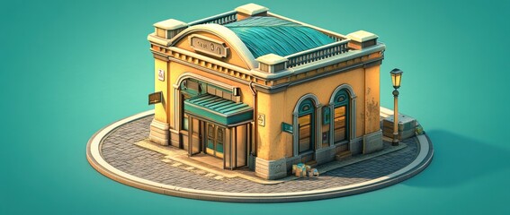 Poster - A stylized building resembling a train station or transit hub with a vibrant design.