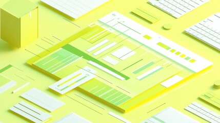Fototapete - A vibrant, minimalistic layout design featuring web elements on a bright yellow background.