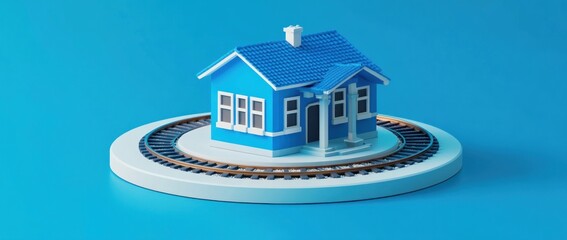Poster - A blue model house on a circular base with a train track, symbolizing creativity and design.
