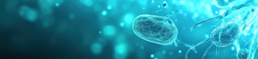 Poster - Abstract representation of bacteria in a microscopic view with a blue background.