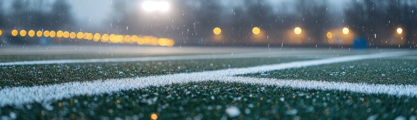 Aufkleber - A close-up of a sports field under light rain, with blurred lights in the background.