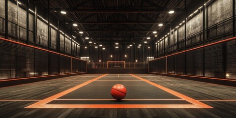 Aufkleber - An empty indoor basketball court featuring a lone orange basketball.