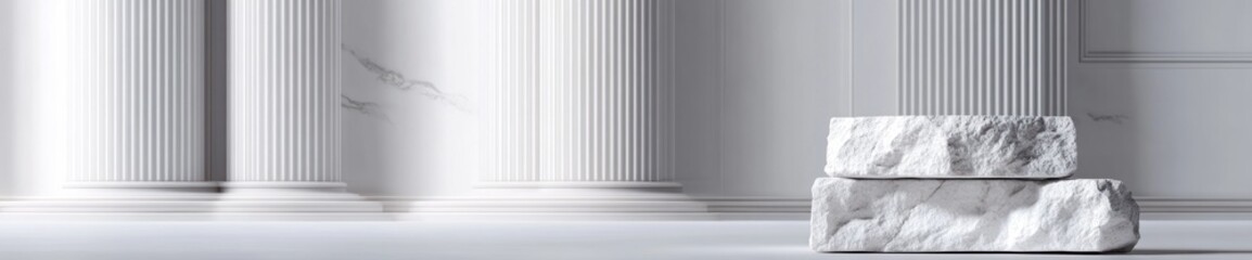 Poster - A minimalist interior featuring white columns and stone blocks, emphasizing elegance and simplicity.